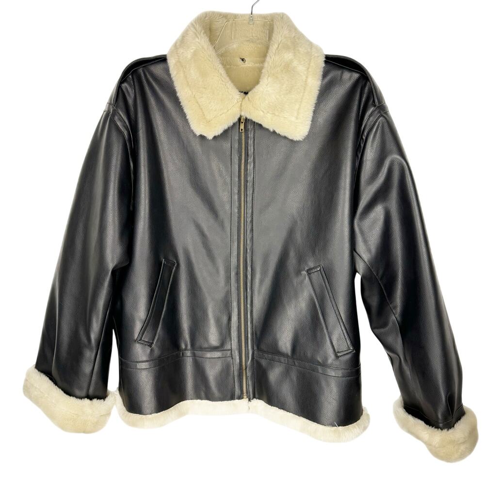 Miletta Black Cream Vegan Faux Leather‎ Fur Trim Lined Zip Bomber Jacket Sz XL
